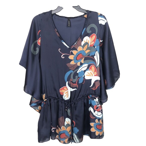 Double Zero Tops - Colorful Floral Top Oversize S Butterfly Short Sleeve Navy Satin Blouson Slouchy